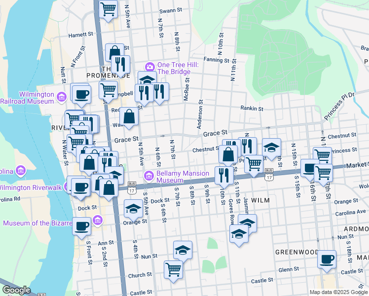 map of restaurants, bars, coffee shops, grocery stores, and more near 206 McRae Street in Wilmington