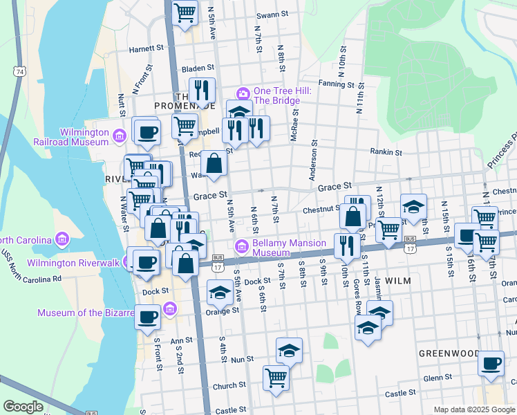 map of restaurants, bars, coffee shops, grocery stores, and more near 215 North 7th Street in Wilmington