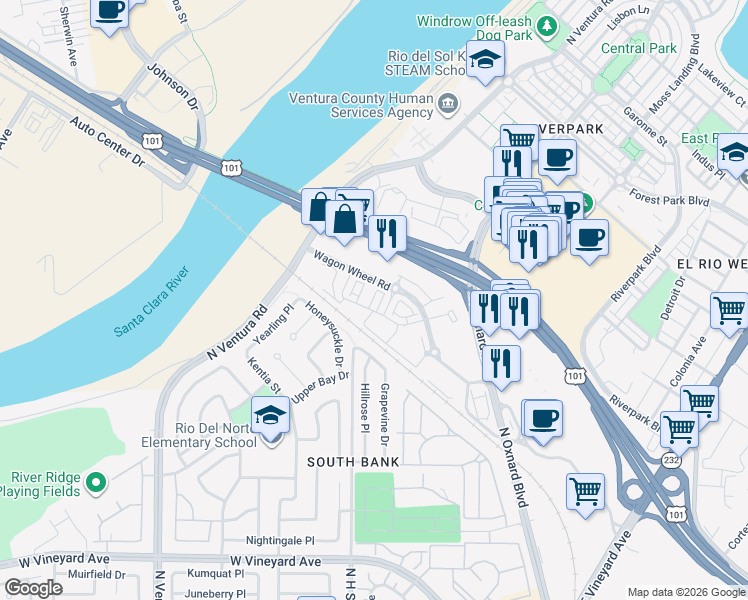 map of restaurants, bars, coffee shops, grocery stores, and more near 711 Winchester Drive in Oxnard