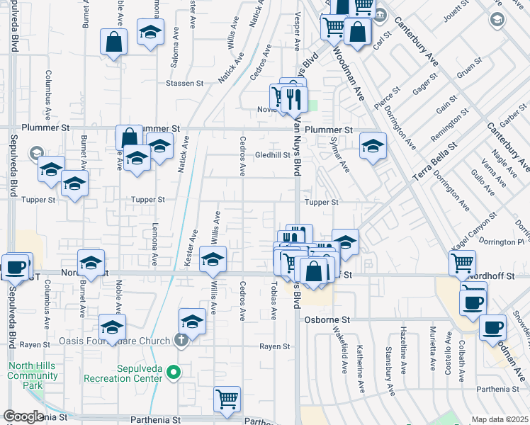 map of restaurants, bars, coffee shops, grocery stores, and more near 9267 Tobias Avenue in Los Angeles