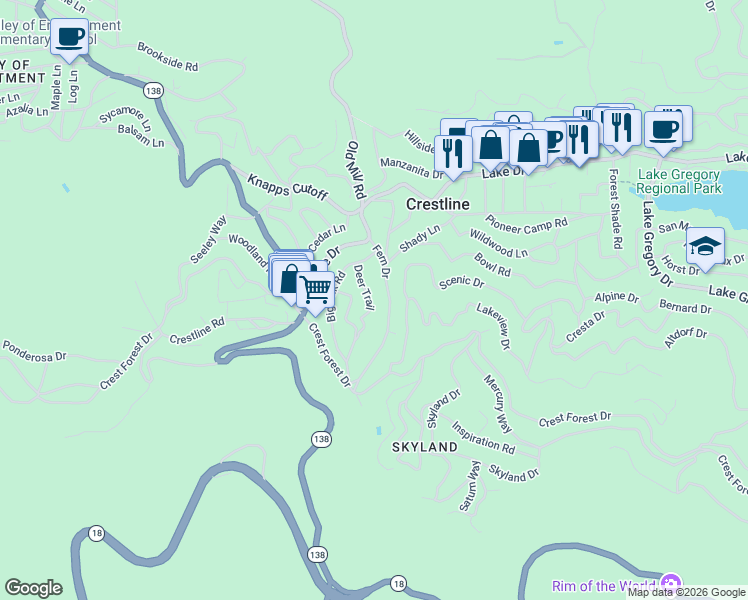 map of restaurants, bars, coffee shops, grocery stores, and more near 811 Deer Trail in Crestline