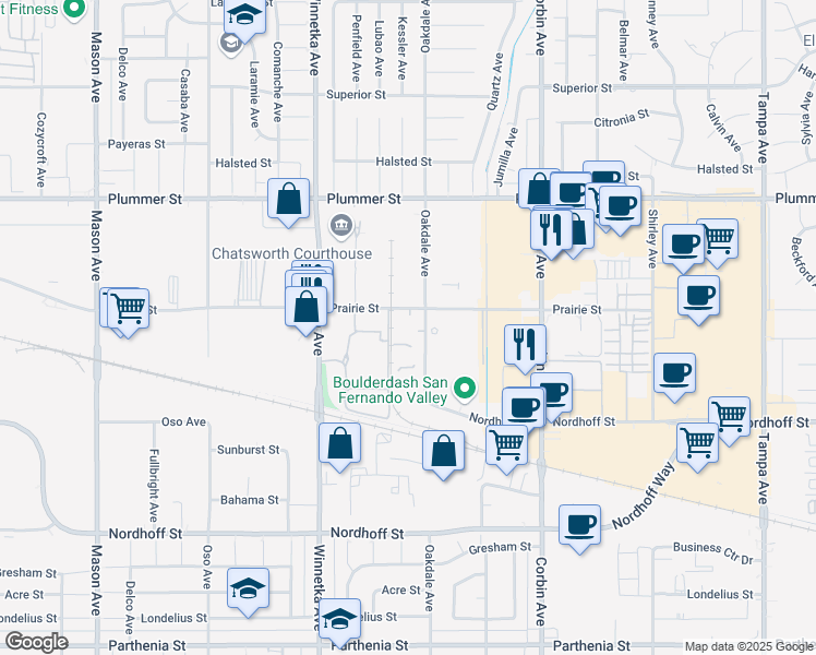 map of restaurants, bars, coffee shops, grocery stores, and more near 9211 Oakdale Avenue in Los Angeles
