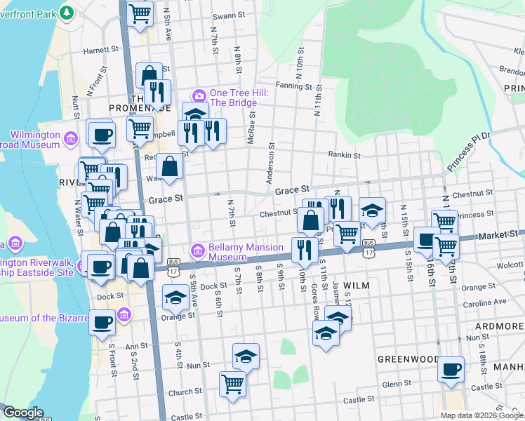 map of restaurants, bars, coffee shops, grocery stores, and more near 809 Chestnut Street in Wilmington