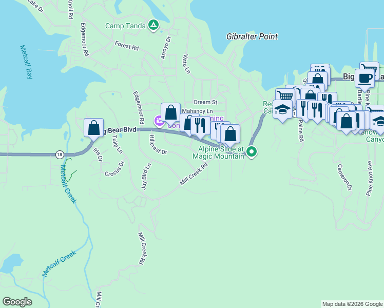 map of restaurants, bars, coffee shops, grocery stores, and more near 40122 Highland Lane in Big Bear Lake