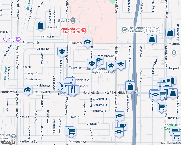 map of restaurants, bars, coffee shops, grocery stores, and more near 16001 Knapp Street in Los Angeles