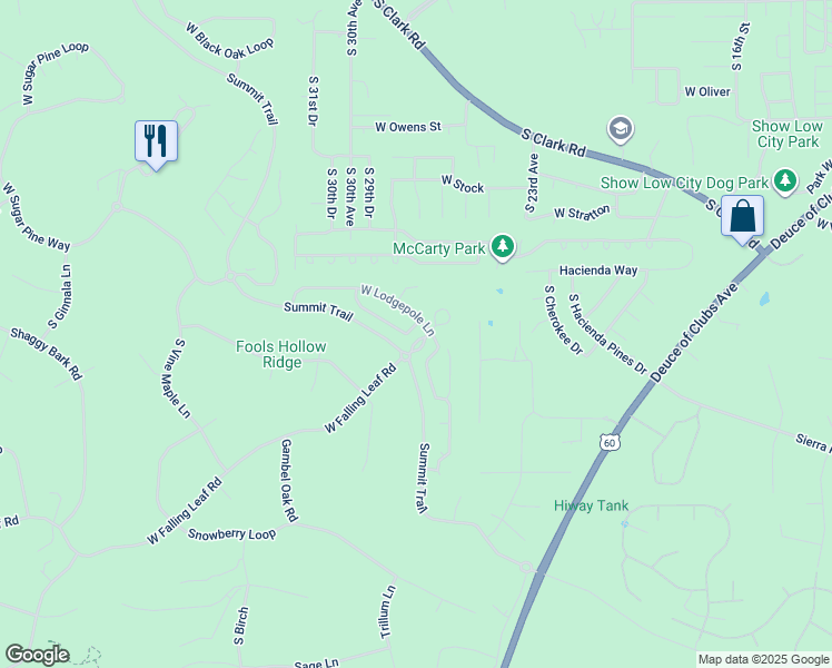 map of restaurants, bars, coffee shops, grocery stores, and more near 2580 Lodgepole Lane in Show Low