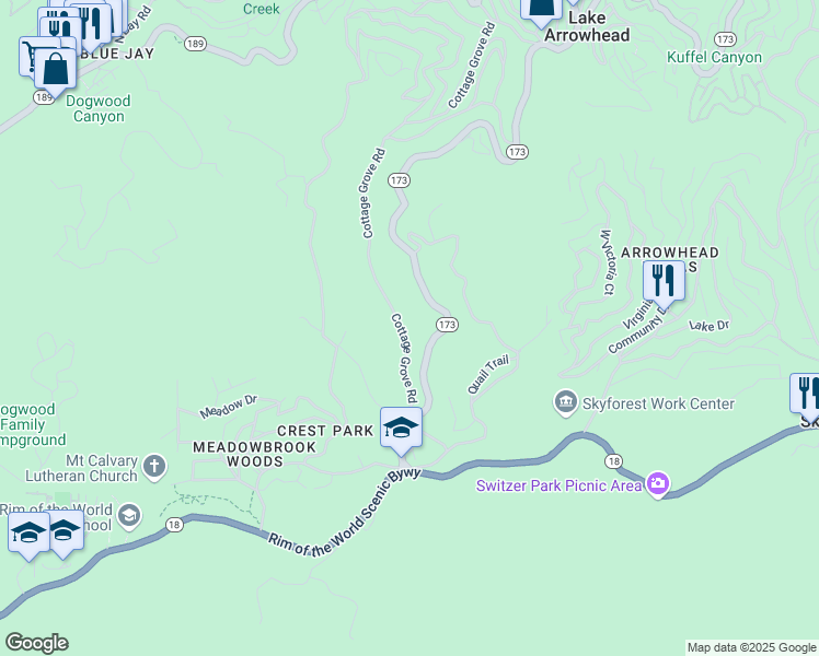 map of restaurants, bars, coffee shops, grocery stores, and more near 825 Cottage Grove Road in Lake Arrowhead