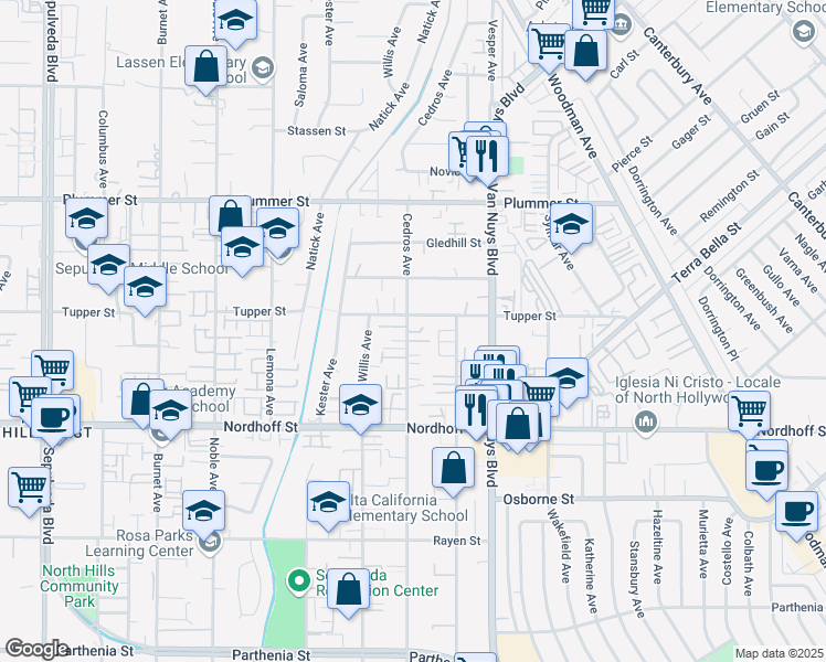 map of restaurants, bars, coffee shops, grocery stores, and more near 9246 Cedros Avenue in Los Angeles