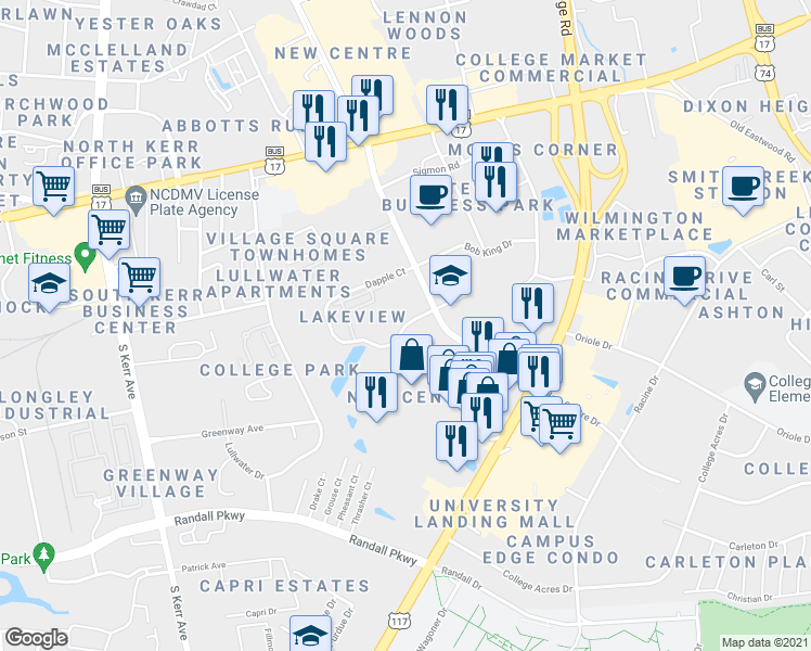 map of restaurants, bars, coffee shops, grocery stores, and more near 208 Dapple Court in Wilmington
