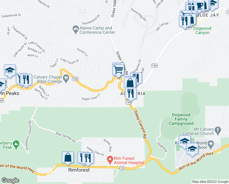 map of restaurants, bars, coffee shops, grocery stores, and more near 804 Sierra Vista Drive in Lake Arrowhead