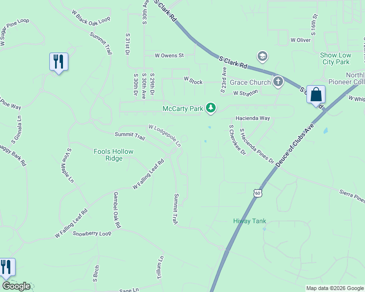 map of restaurants, bars, coffee shops, grocery stores, and more near 2580 Lodgepole Lane in Show Low