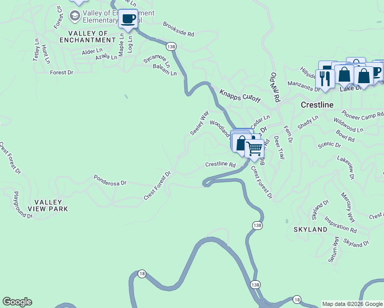 map of restaurants, bars, coffee shops, grocery stores, and more near 790 South Village Lane in Crestline