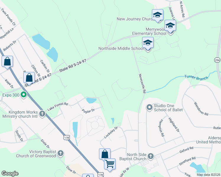 map of restaurants, bars, coffee shops, grocery stores, and more near 147 Kinkade Drive in Greenwood