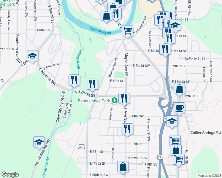 map of restaurants, bars, coffee shops, grocery stores, and more near 1006 Walnut Avenue Southeast in Rome
