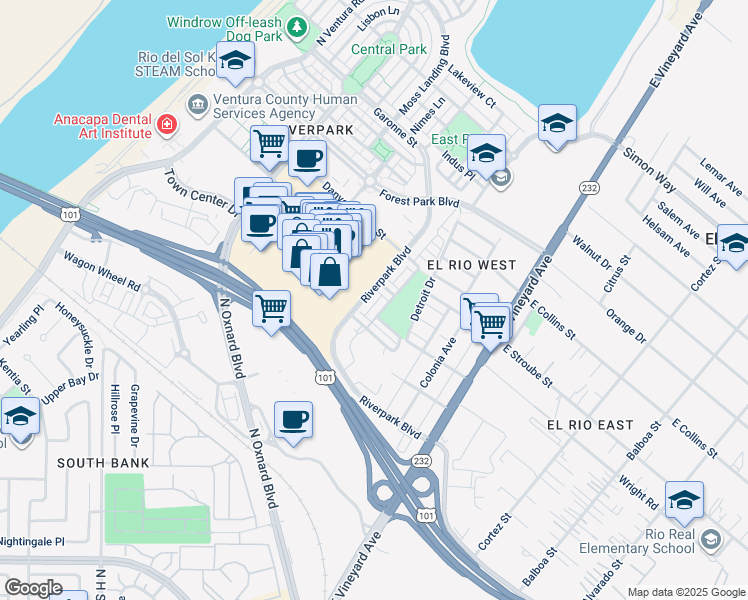 map of restaurants, bars, coffee shops, grocery stores, and more near 2724 Riverpark Boulevard in Oxnard