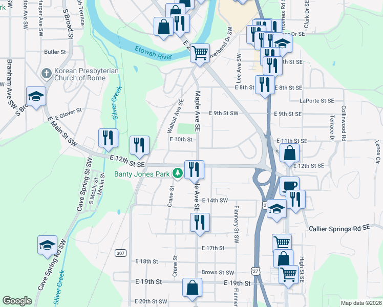map of restaurants, bars, coffee shops, grocery stores, and more near 103 East 11th Street Southeast in Rome