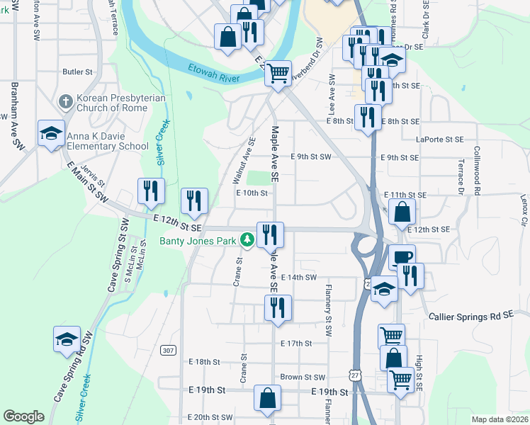 map of restaurants, bars, coffee shops, grocery stores, and more near 103 East 11th Street Southeast in Rome
