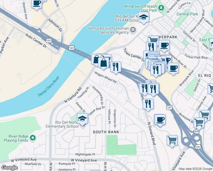 map of restaurants, bars, coffee shops, grocery stores, and more near 2731 Cactus Drive in Oxnard