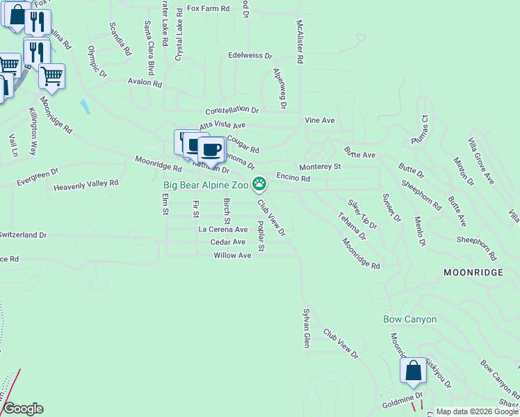 map of restaurants, bars, coffee shops, grocery stores, and more near 760 Club View Drive in Big Bear Lake
