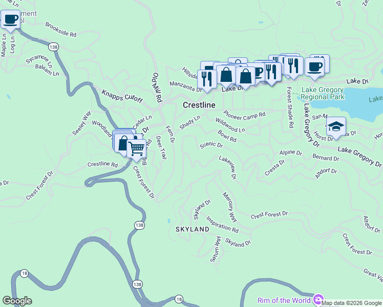 map of restaurants, bars, coffee shops, grocery stores, and more near 23691 Scenic Drive in Crestline