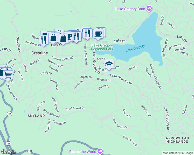 map of restaurants, bars, coffee shops, grocery stores, and more near 24154 Bernard Drive in Crestline