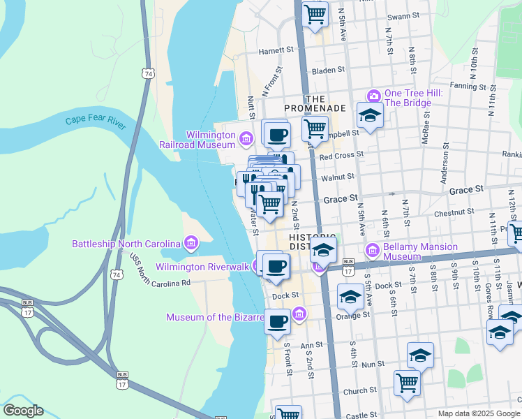 map of restaurants, bars, coffee shops, grocery stores, and more near 14 Grace Street in Wilmington
