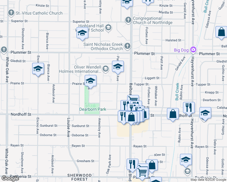 map of restaurants, bars, coffee shops, grocery stores, and more near 9255 Paso Robles Avenue in Los Angeles