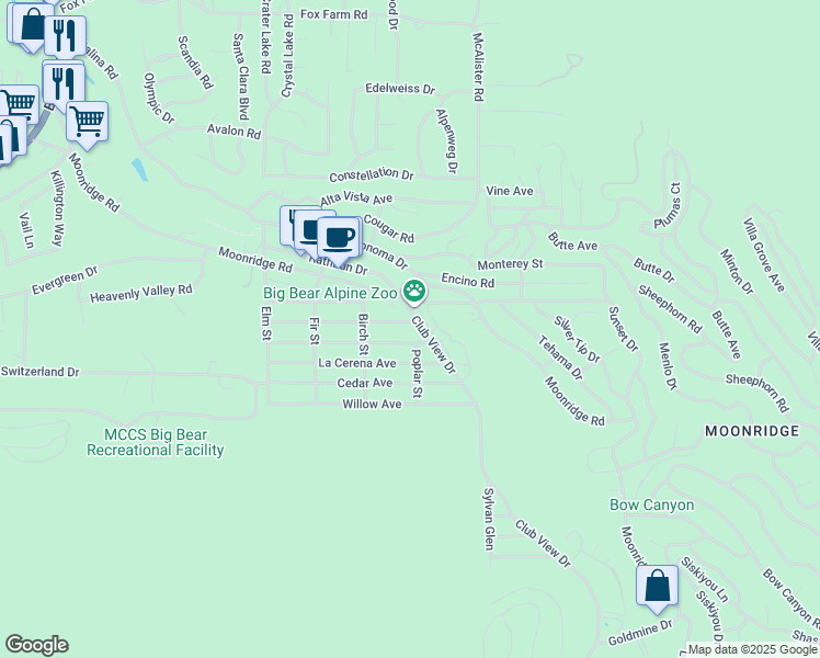 map of restaurants, bars, coffee shops, grocery stores, and more near 42769 Peregrine Avenue in Big Bear Lake