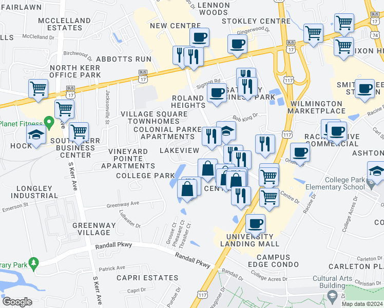 map of restaurants, bars, coffee shops, grocery stores, and more near 228 Dapple Court in Wilmington