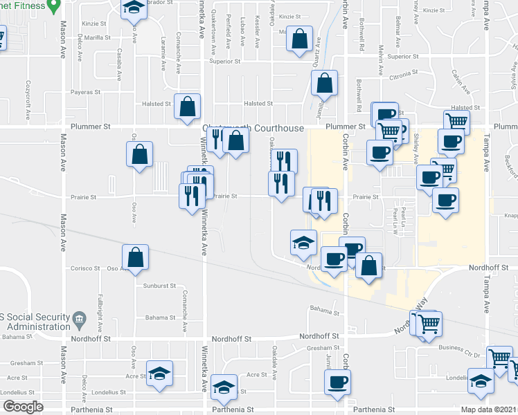map of restaurants, bars, coffee shops, grocery stores, and more near 9211 Oakdale Avenue in Los Angeles