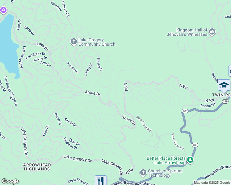 map of restaurants, bars, coffee shops, grocery stores, and more near 816 Chamois Drive in Crestline