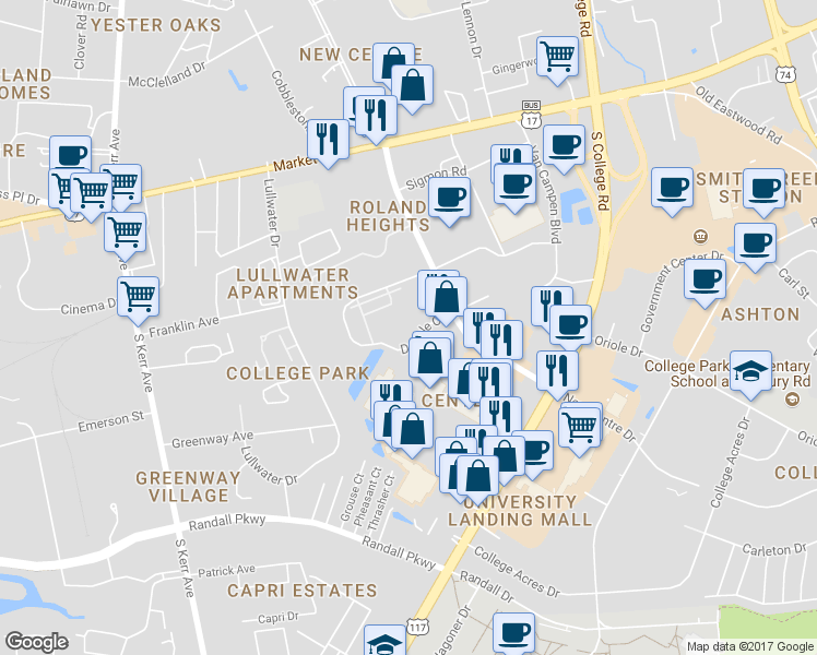 map of restaurants, bars, coffee shops, grocery stores, and more near 227 Dapple Court in Wilmington
