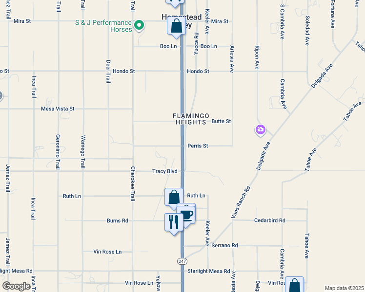 map of restaurants, bars, coffee shops, grocery stores, and more near Perris Street in Homestead Valley