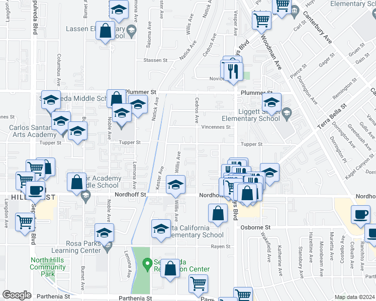 map of restaurants, bars, coffee shops, grocery stores, and more near 9253 1/2 Willis Avenue in Los Angeles