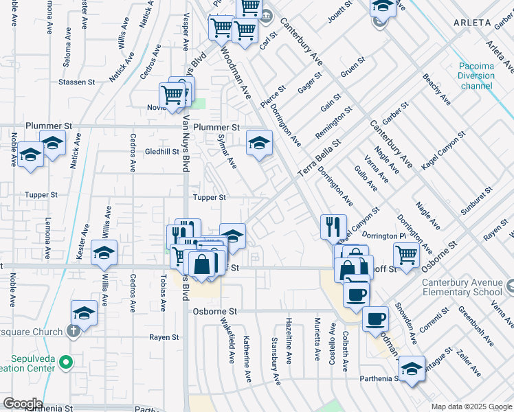 map of restaurants, bars, coffee shops, grocery stores, and more near 14335 Terra Bella Street in Los Angeles