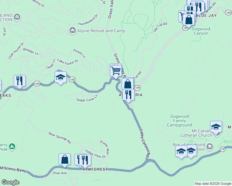 map of restaurants, bars, coffee shops, grocery stores, and more near 807 Sierra Vista Drive in Lake Arrowhead