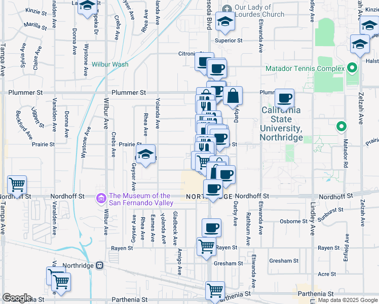 map of restaurants, bars, coffee shops, grocery stores, and more near 18540 Prairie Street in Los Angeles