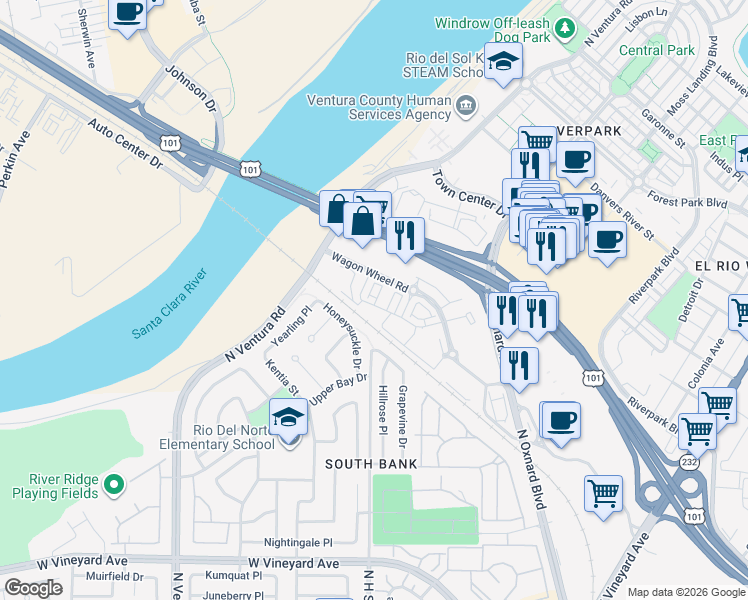 map of restaurants, bars, coffee shops, grocery stores, and more near 2731 Cactus Drive in Oxnard