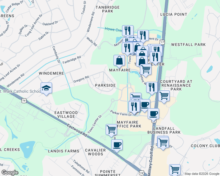 map of restaurants, bars, coffee shops, grocery stores, and more near 6523 Brevard Drive in Wilmington