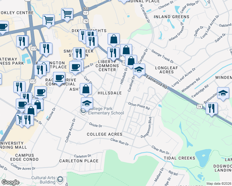 map of restaurants, bars, coffee shops, grocery stores, and more near 117 Hillsdale Drive in Wilmington