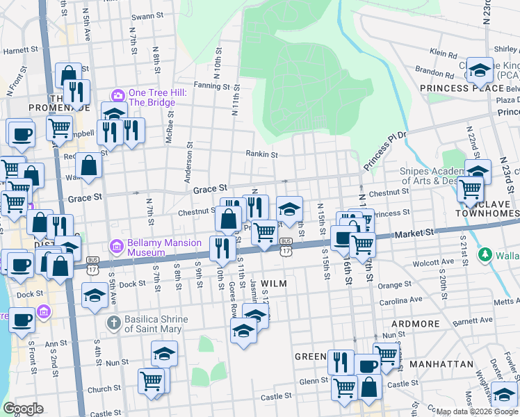 map of restaurants, bars, coffee shops, grocery stores, and more near 1205 Chestnut Street in Wilmington
