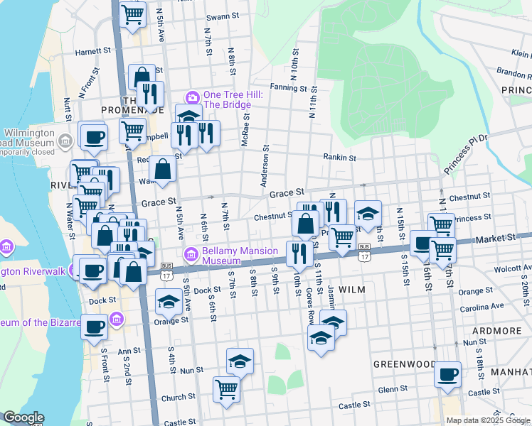 map of restaurants, bars, coffee shops, grocery stores, and more near 213 North 9th Street in Wilmington