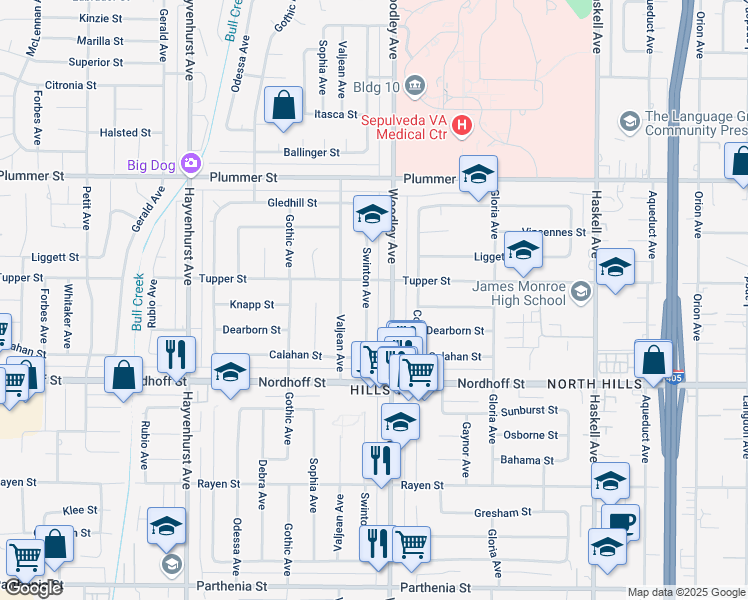 map of restaurants, bars, coffee shops, grocery stores, and more near 9238 Swinton Avenue in Los Angeles
