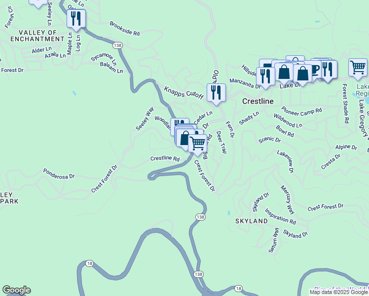 map of restaurants, bars, coffee shops, grocery stores, and more near Crest Forest Drive in Crestline