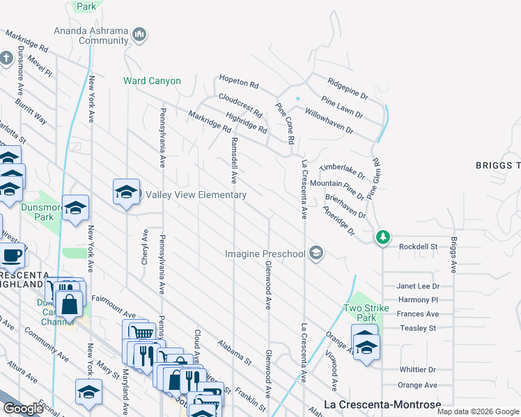 map of restaurants, bars, coffee shops, grocery stores, and more near 2917 Gertrude Avenue in Glendale
