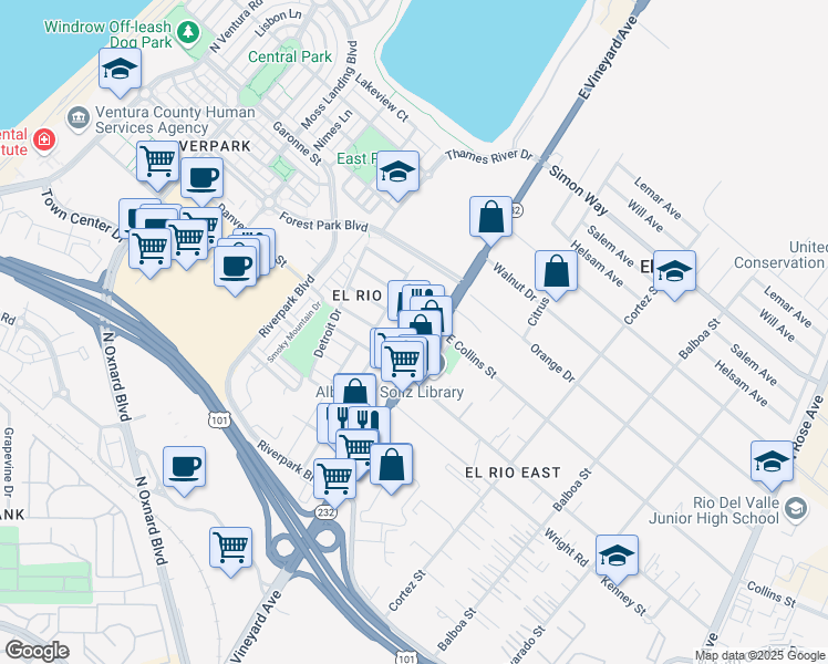 map of restaurants, bars, coffee shops, grocery stores, and more near 2849 East Vineyard Avenue in Oxnard