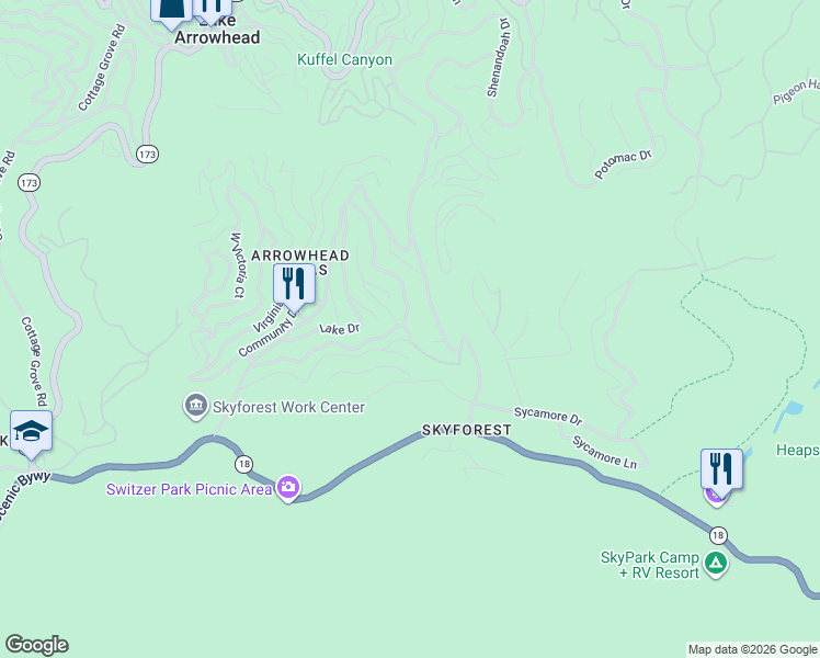 map of restaurants, bars, coffee shops, grocery stores, and more near 783 Oakmont Lane in Lake Arrowhead