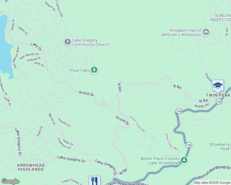 map of restaurants, bars, coffee shops, grocery stores, and more near 787 Forest Glen Road in Crestline
