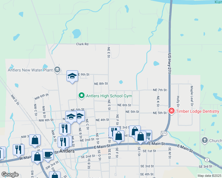 map of restaurants, bars, coffee shops, grocery stores, and more near 713 Northeast E Street in Antlers