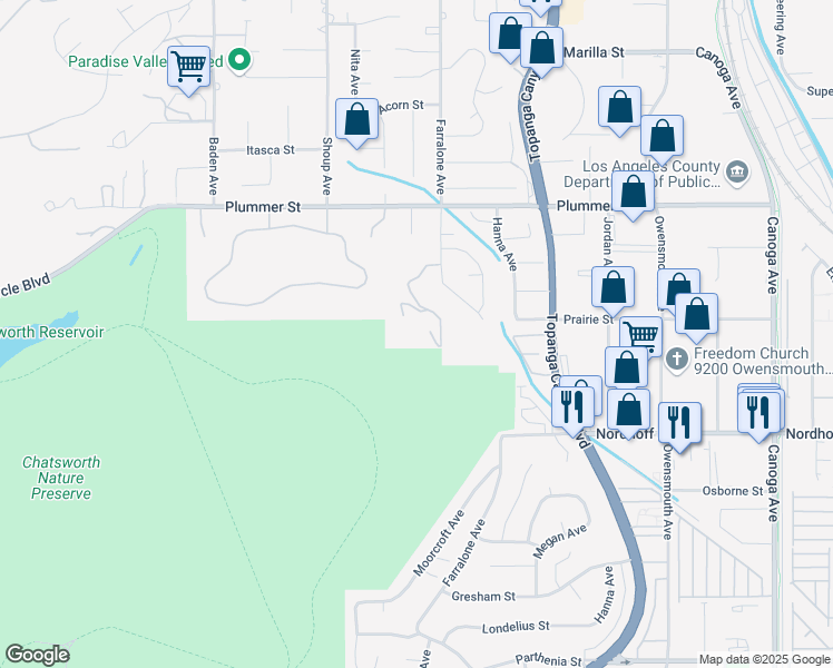 map of restaurants, bars, coffee shops, grocery stores, and more near 9361 Farralone Avenue in Los Angeles